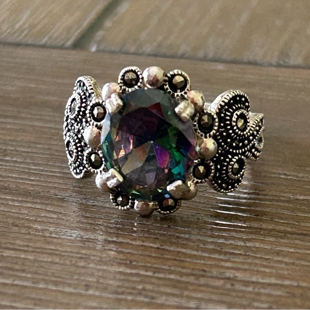 Mystic topaz/Mystic fire green topaz and marcasite Taxco Silver  ring 9 - Picture 4 of 14